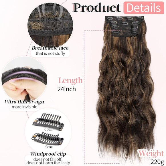 Clip in Hair Extensions Synthetic Wavy 24Inch Dark Brown to Chestnut - Picture 2 of 9